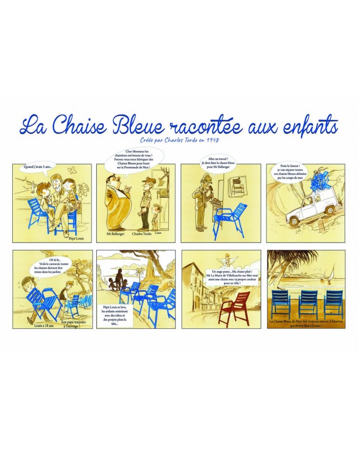 Set de table présentant la mini bande-dessinée "La Chaise Bleue racontée aux enfants".