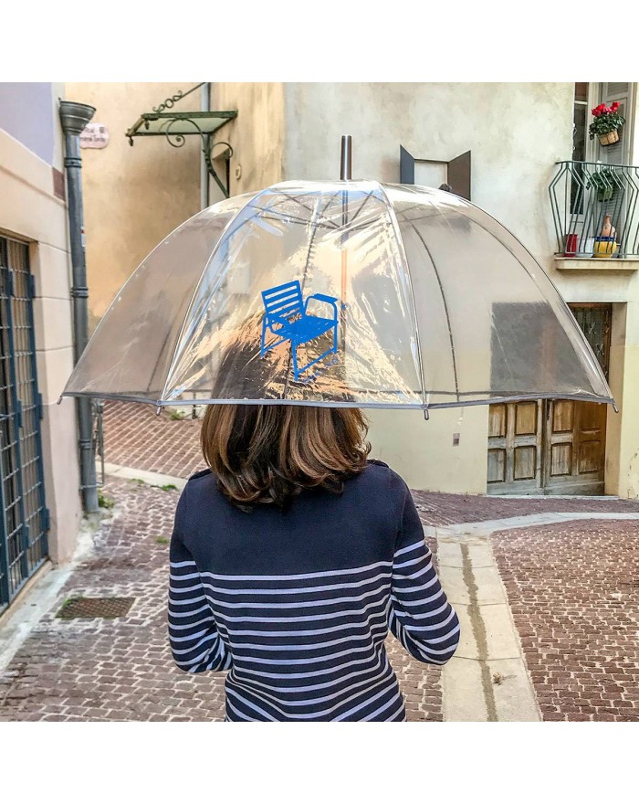 Parapluie transparent canne avec logo Chaise Bleue.